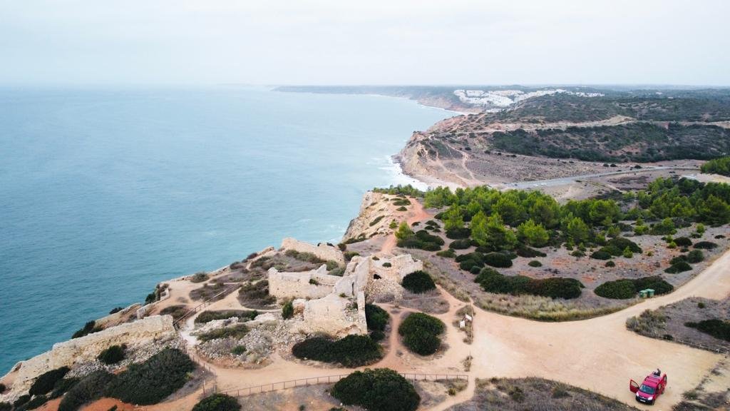Algarve coastline with cliffs and pine trees seen from above