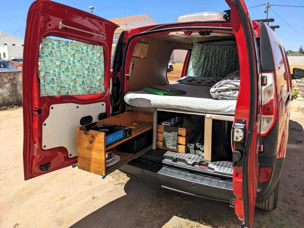Rear doors open showing the pull-out kitchen of the Renault Kangoo Maxi XXL conversion